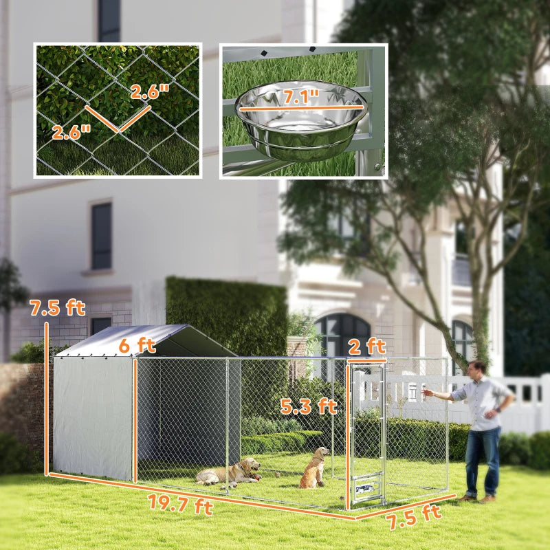 Galvanized Chain Link Large Outdoor Dog Kennel With Waterproof & UV-Resistant Cover, For M&L Dogs, 19.7' X 7.5' X 7.5',M