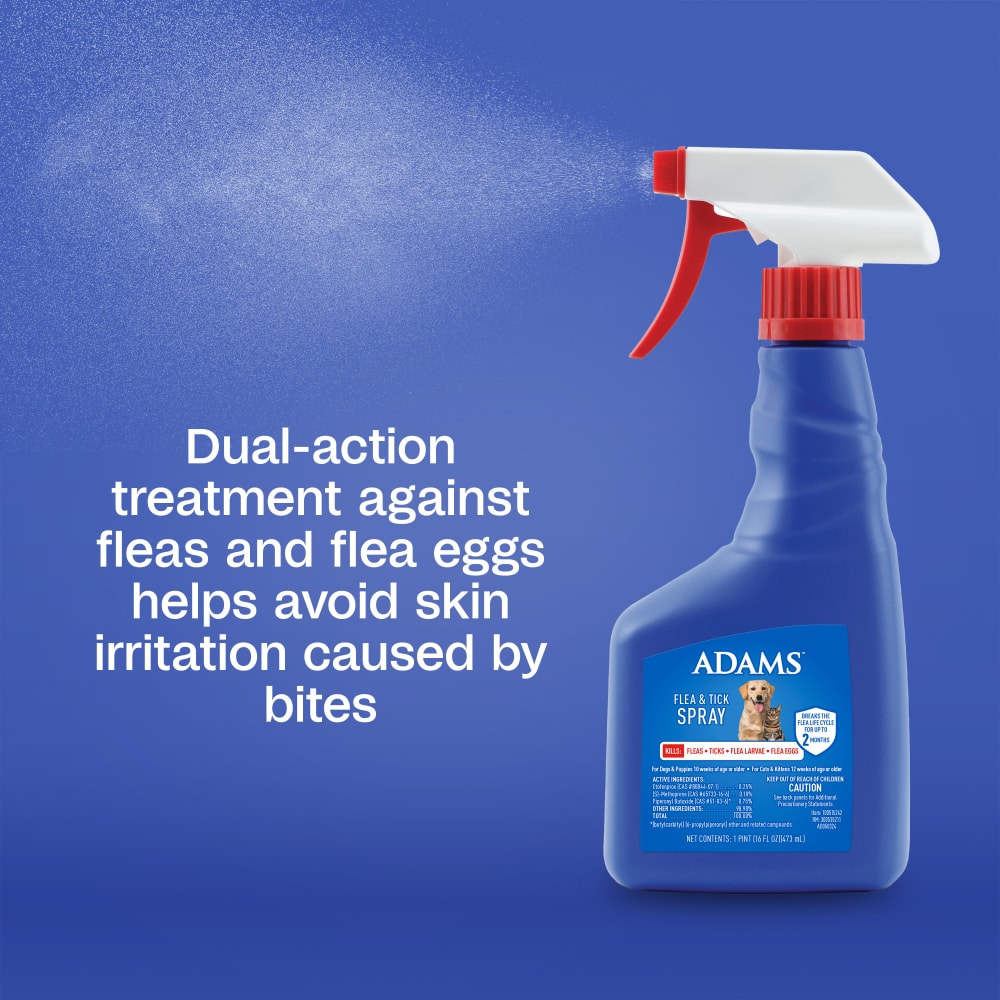 Adams Flea & Tick Spray for Dogs & Cats 16 oz. Kills Fleas Eggs Larvae Ticks