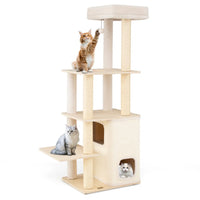 63" Wooden Cat Tree - 2-Story Condo with Bamboo Interior, 5 Sisal Scratching Posts, 44 lbs Per Layer Capacity