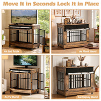 42in Large Dog Crate Furniture, Double Door Wooden Indoor Dog Kennel Furniture, Decorative Pet Cage End Table With Wheel