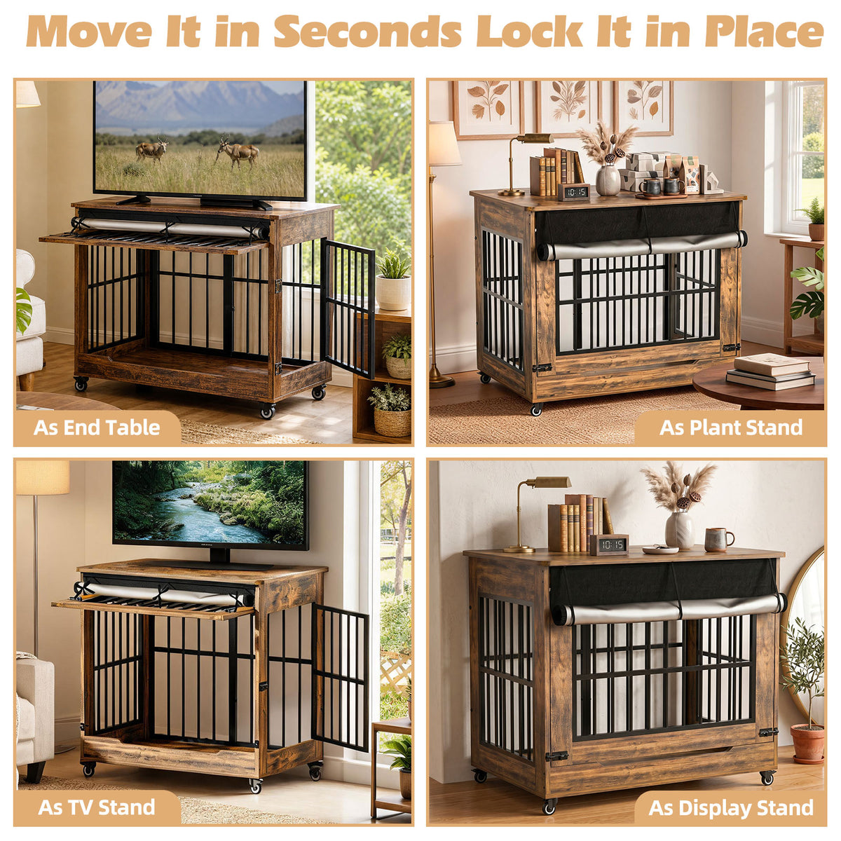 42in Large Dog Crate Furniture, Double Door Wooden Indoor Dog Kennel Furniture, Decorative Pet Cage End Table With Wheel