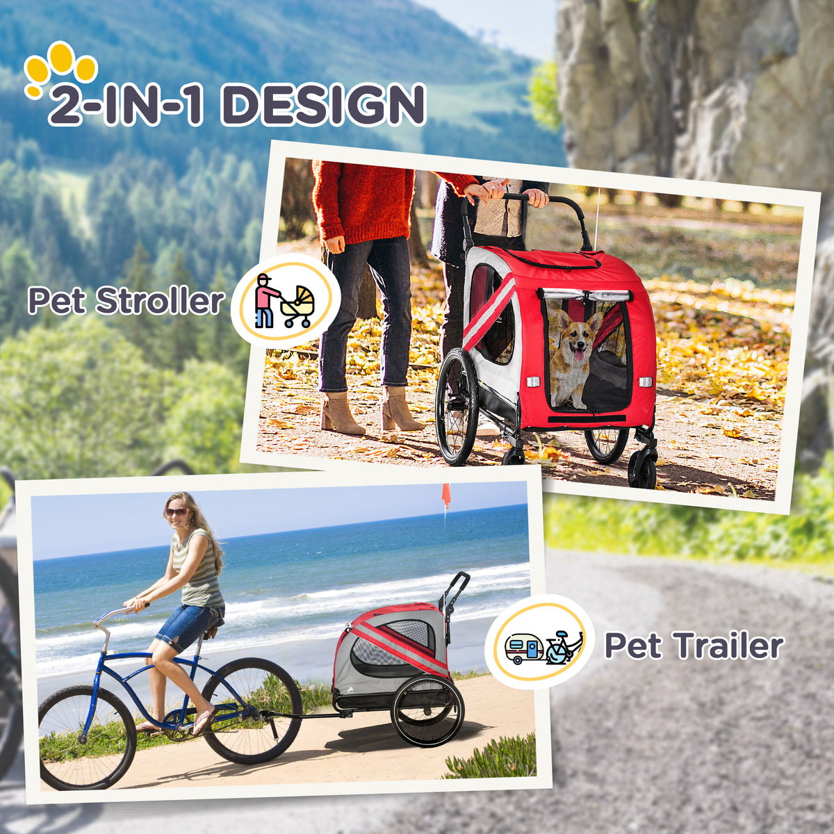2-in-1 Pet Bike Trailer for Small Medium Dogs, Road-Visibility Dog Stroller Bicycle Carrier, Weather-Strong Bike Wagon T