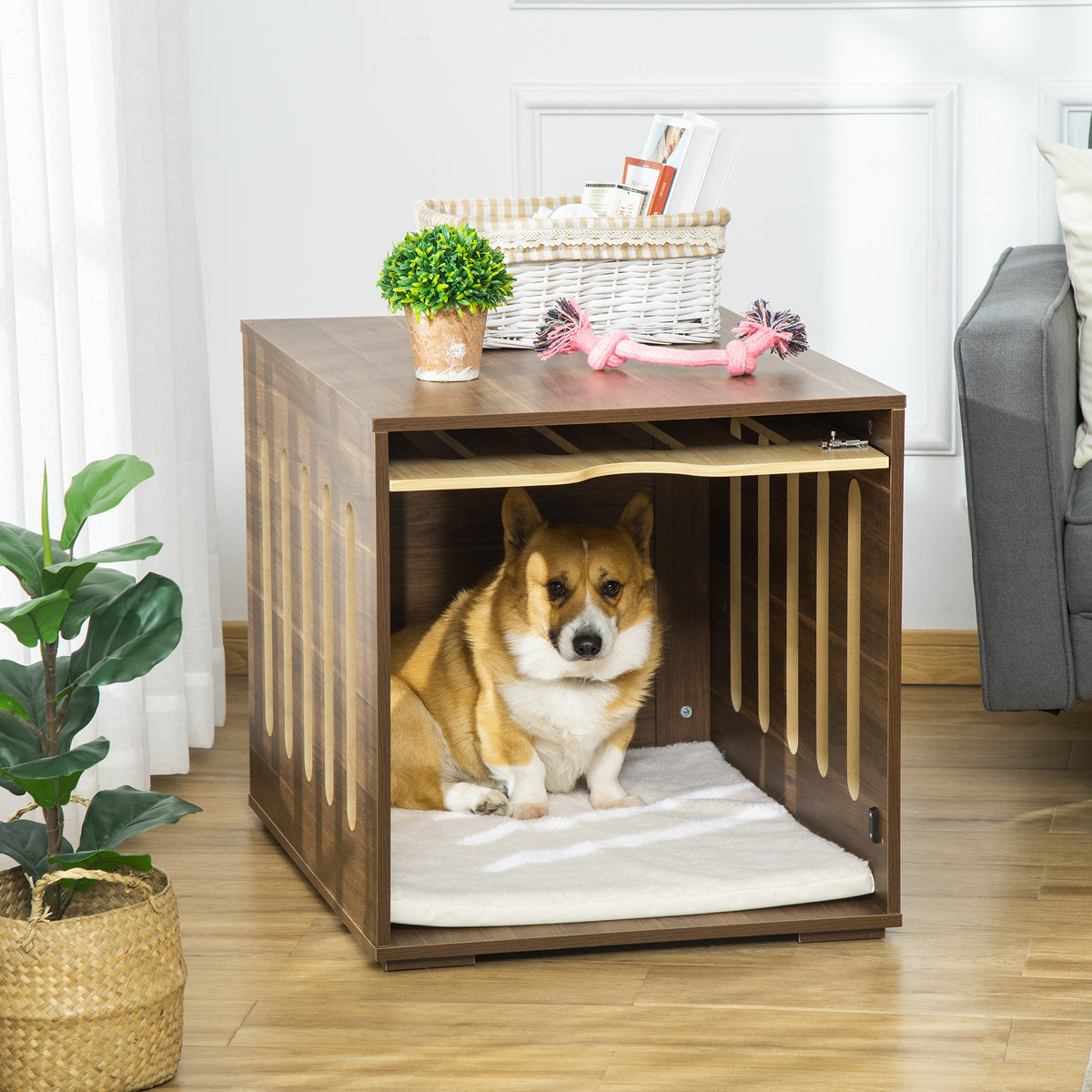 Furniture Style Dog Crate End Table with Removable Door Panel, Dog Crate Bed with Foam Cushion, Safety Lock, Indoor Use,