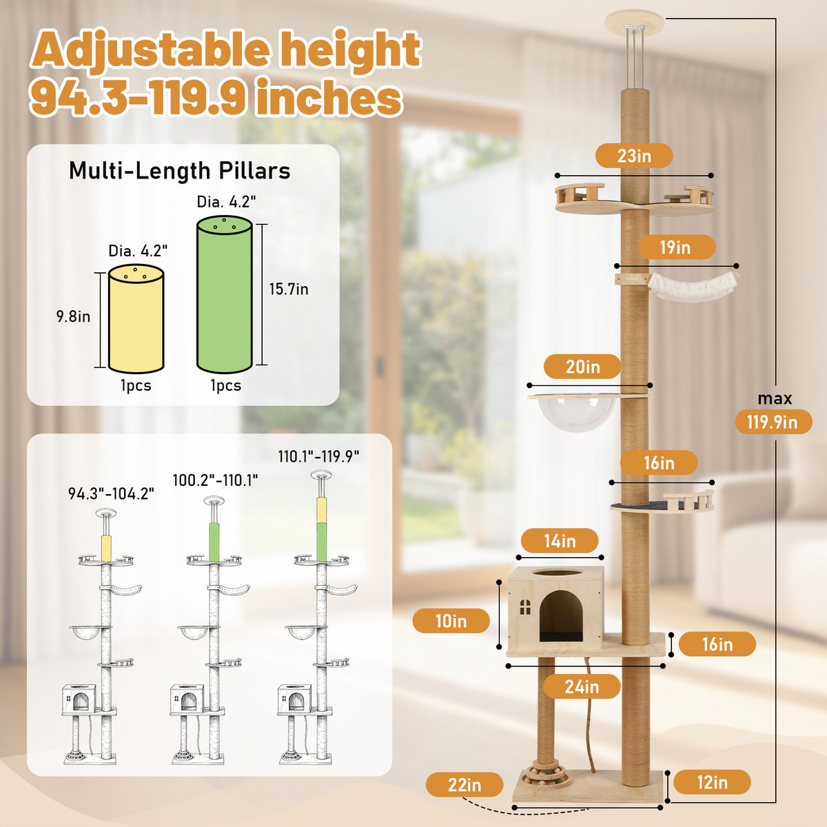 Floor-to-Ceiling Cat Tree With Natural Sisal Rope Scratching Post - Adjustable Height Modern Cat Activity Tree, Cat Scra