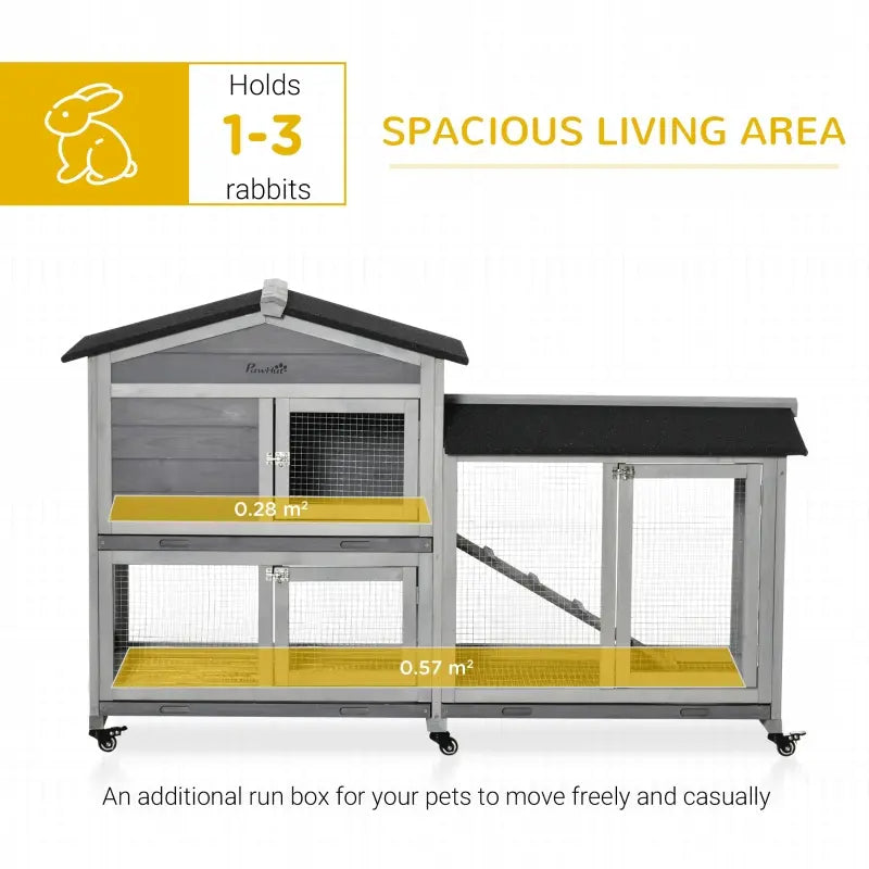 Wooden Mobile Rabbit Hutch With Wheels, Run Box, Slide-out Tray, Ramp