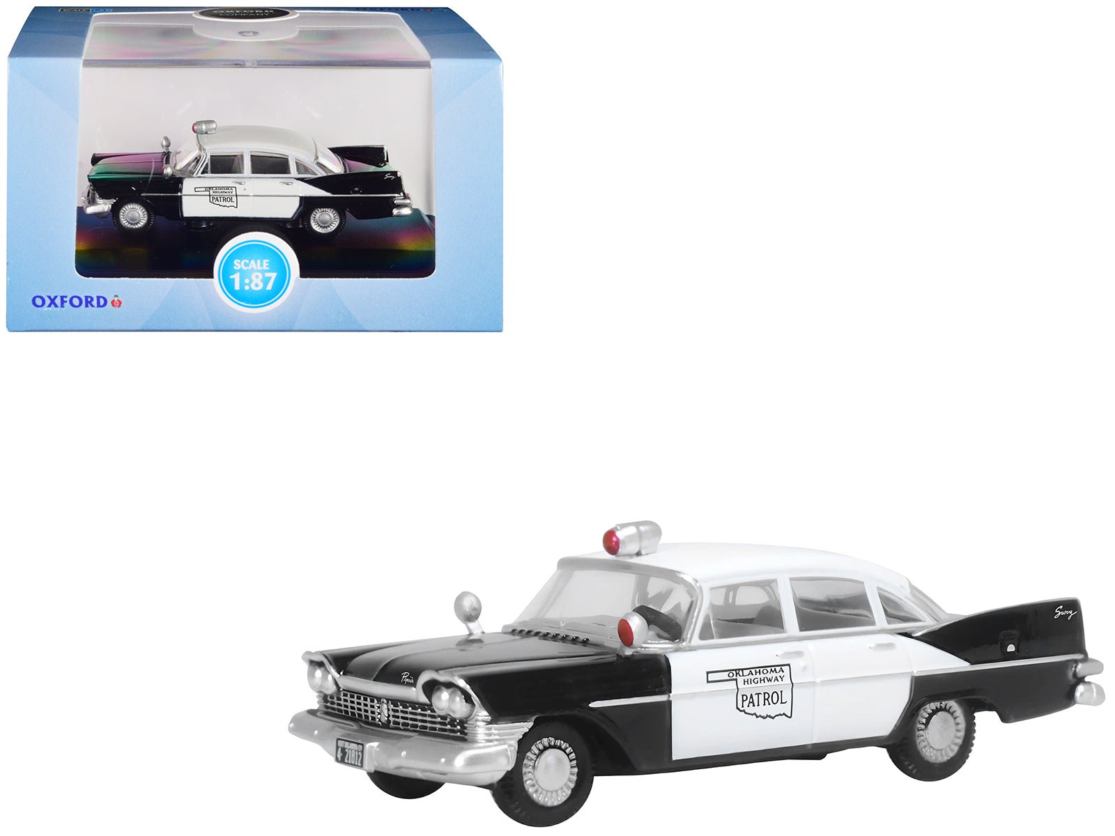 1959 Plymouth Savoy Black and White "Oklahoma Highway Patrol" 1/87 (HO) Scale Diecast Model Car by Oxford Diecast  free shipping USA
