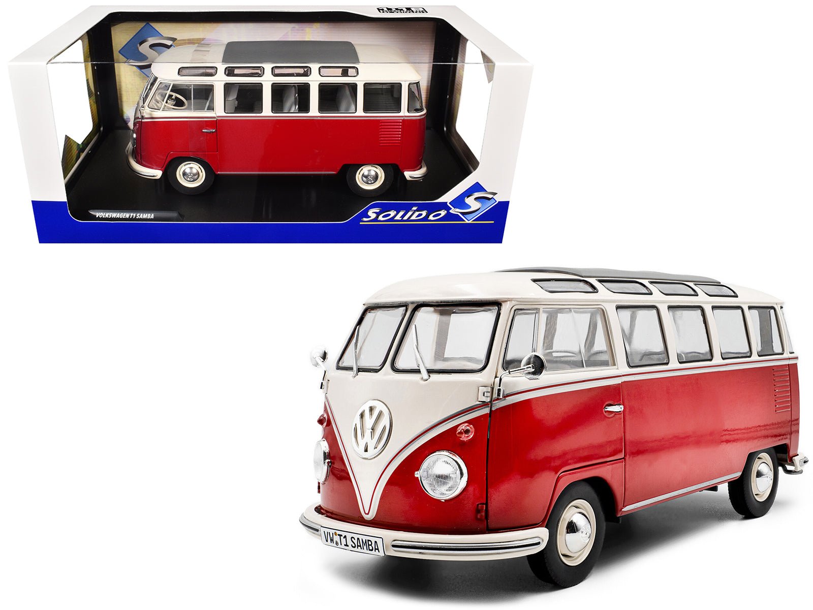 1962 Volkswagen T1 Samba Bus Red and White 1/18 Diecast Model Car by Solido  free shipping USA