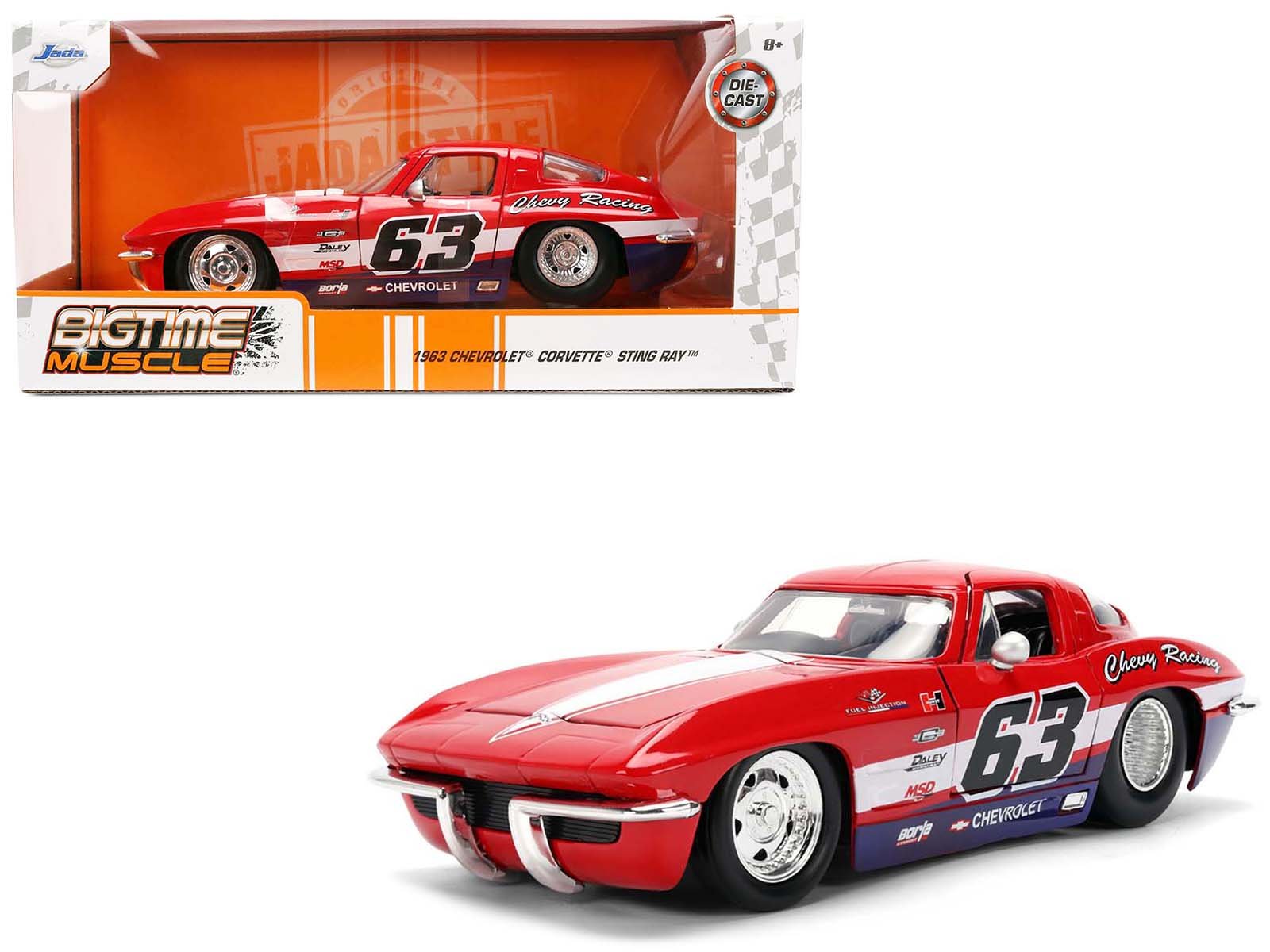 1963 Chevrolet Corvette Stingray #63 "Chevy Racing" Red with White and Blue Stripes "Bigtime Muscle" Series 1/24 Diecast Model Car by Jada  free shipping USA