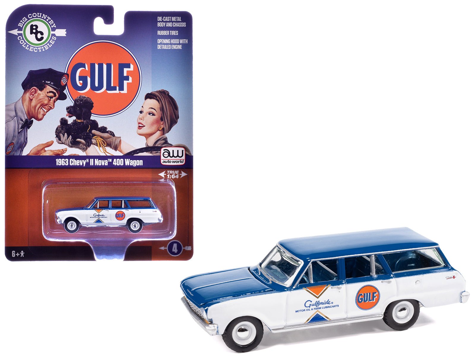 1963 Chevrolet II Nova 400 Wagon "Gulf" Blue and White with Blue Interior "Big Country Collectibles" 2025 Series 1/64 Diecast Model Car by Auto World  free shipping USA