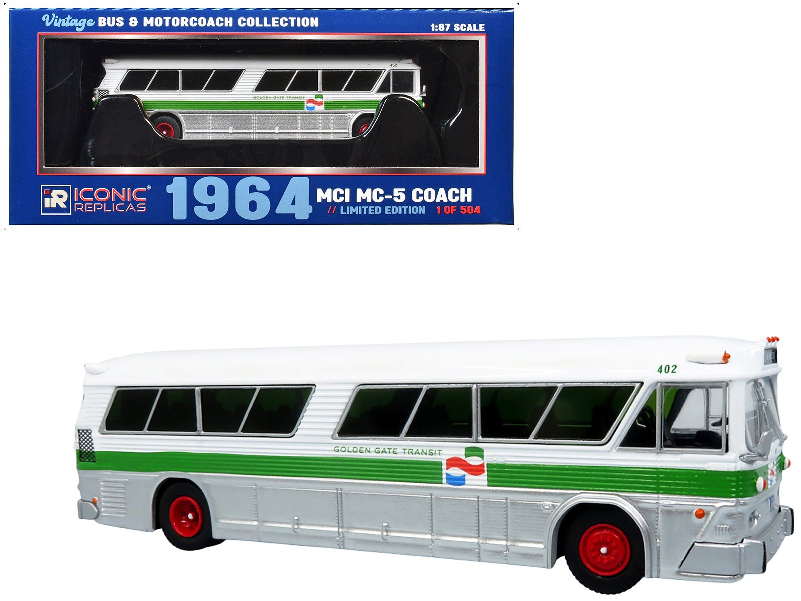 1964 MCI MC-5A Coach Bus "Golden Gate Transit" White with Green Stripes "Vintage Bus & Motorcoach Collection" Limited Edition to 504 pieces Worldwide 1/87 (HO) Diecast Model by Iconic Replicas  free shipping USA