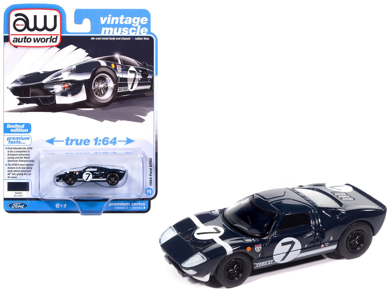 1965 Ford GT40 #7 Blue Black with White Stripes "Vintage Muscle" Series 1/64 Diecast Model Car by Auto World  free shipping USA
