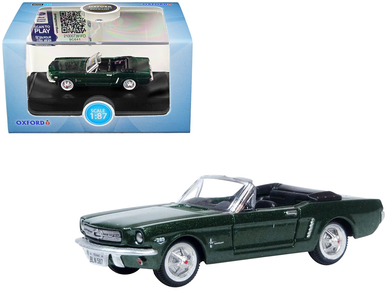 1965 Ford Mustang Convertible Ivy Green Metallic 1/87 (HO) Scale Diecast Model Car by Oxford Diecast  free shipping USA