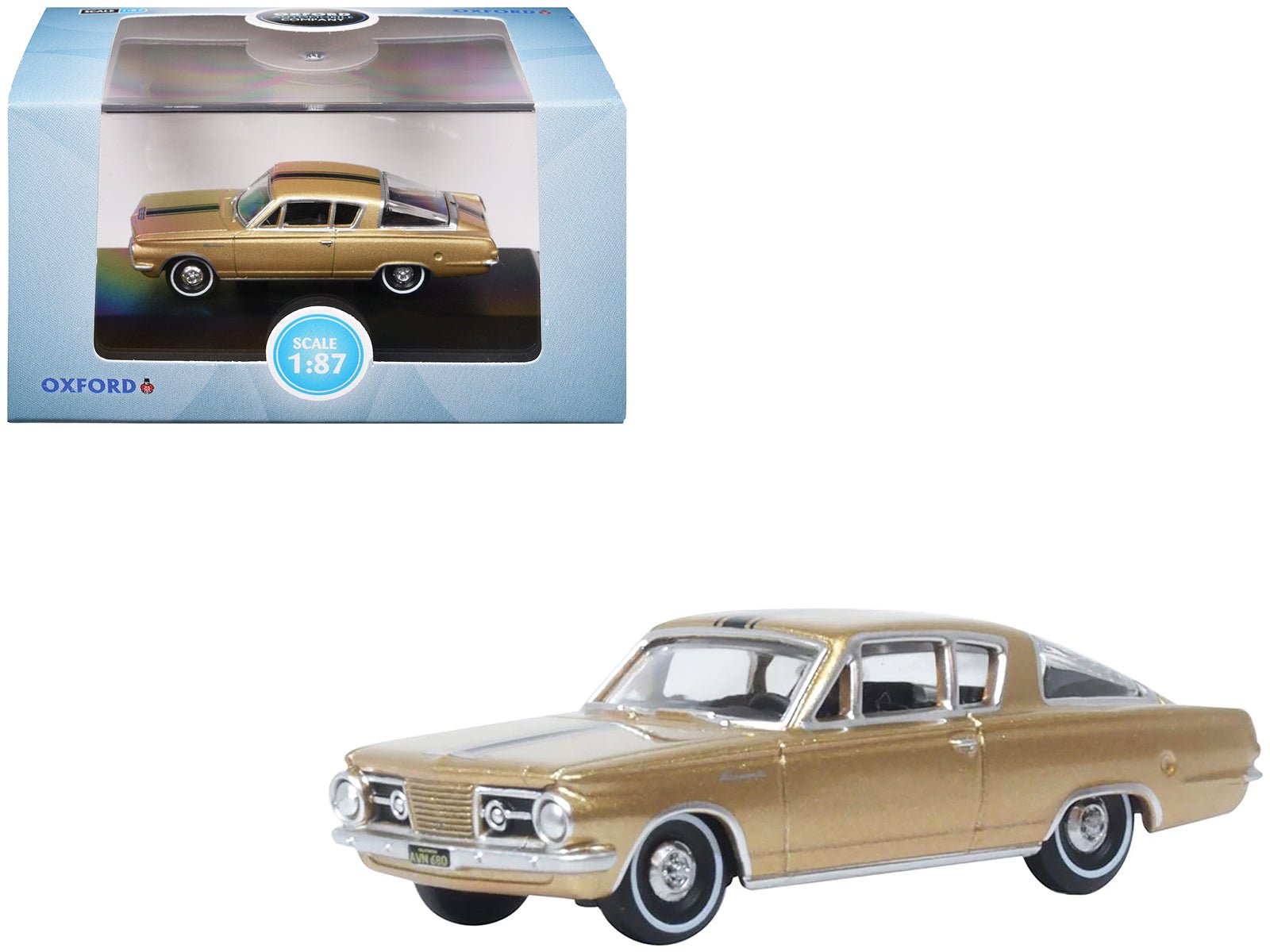 1965 Plymouth Barracuda Gold Metallic with Black Stripes 1/87 (HO) Scale Diecast Model Car by Oxford Diecast  free shipping USA