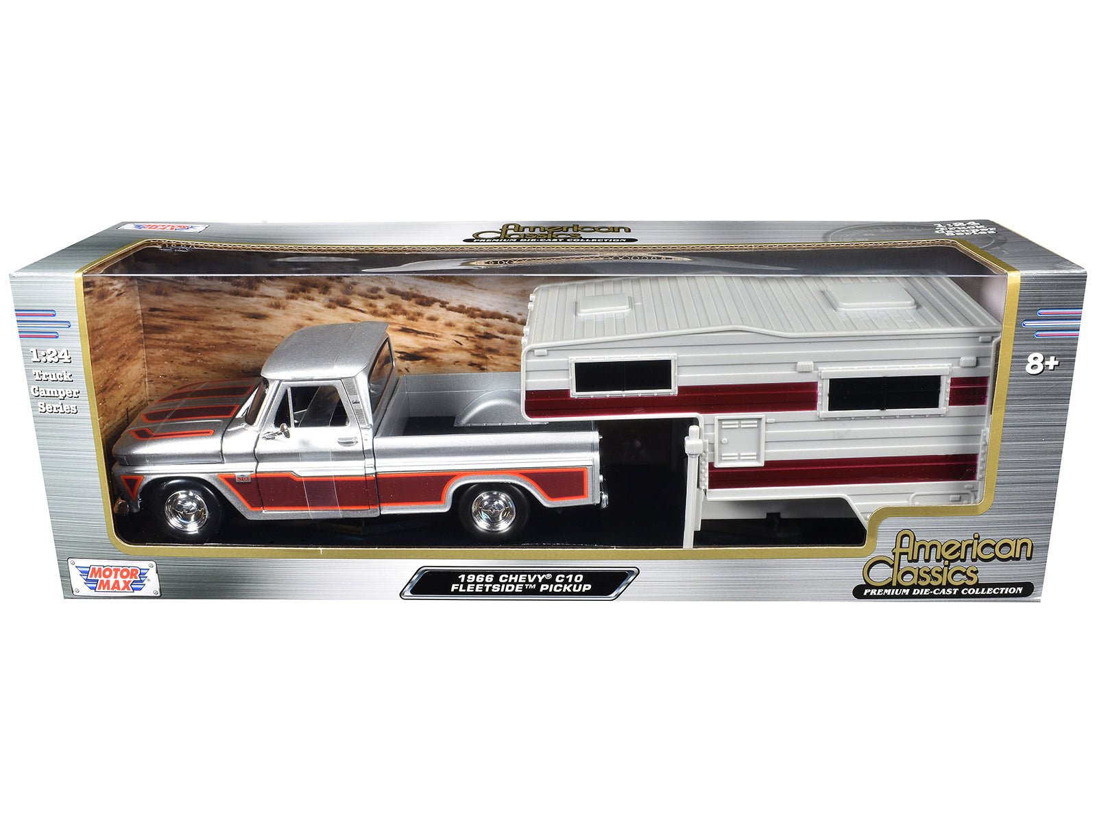 1966 Chevrolet C10 Fleetside Pickup Truck Silver Metallic with Brown Sides with Camper Shell "American Classics" Series 1/24 Diecast Model Car by Motormax  free shipping USA