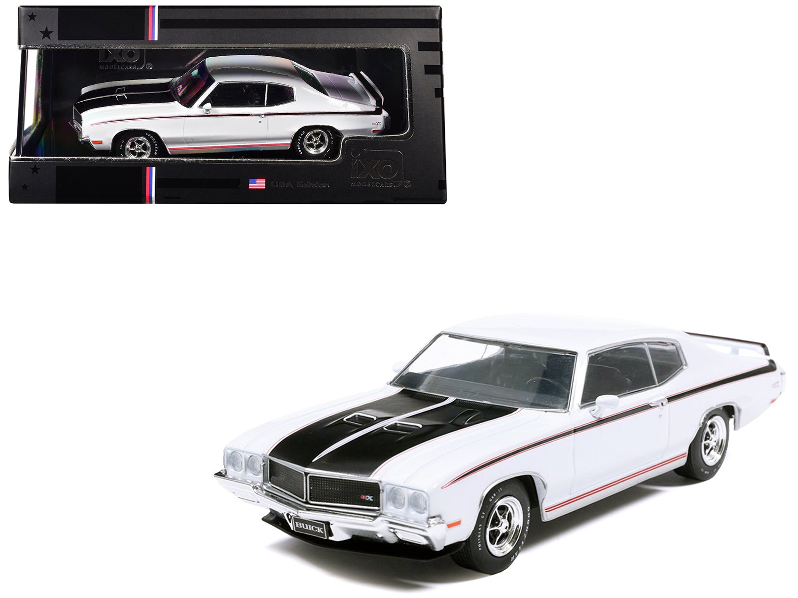 1970 Buick GSX Apollo White with Black and Red Stripes 1/43 Diecast Model by IXO Models  free shipping USA