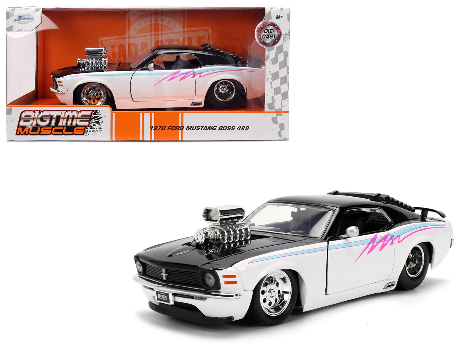 1970 Ford Mustang Boss 429 Black and White with Graphics "Bigtime Muscle" Series 1/24 Diecast Model Car by Jada  free shipping USA