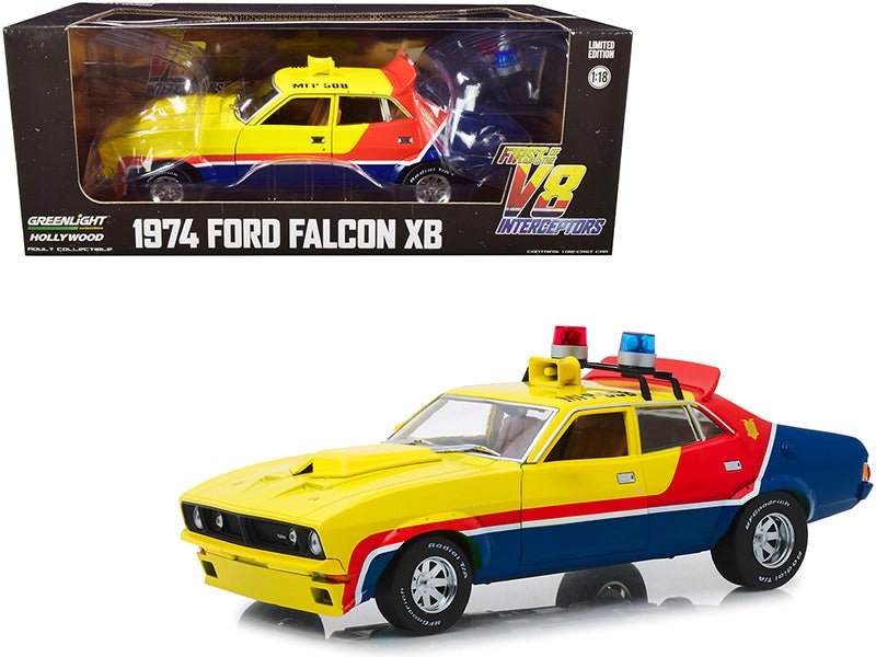 1974 Ford Falcon XB 4-Door Sedan RHD (Right Hand Drive) Yellow and Blue with Red Stripes "MFP 508" "First of the V8 Interceptors" (1979) Movie 1/18 Diecast Model Car by Greenlight  free shipping USA