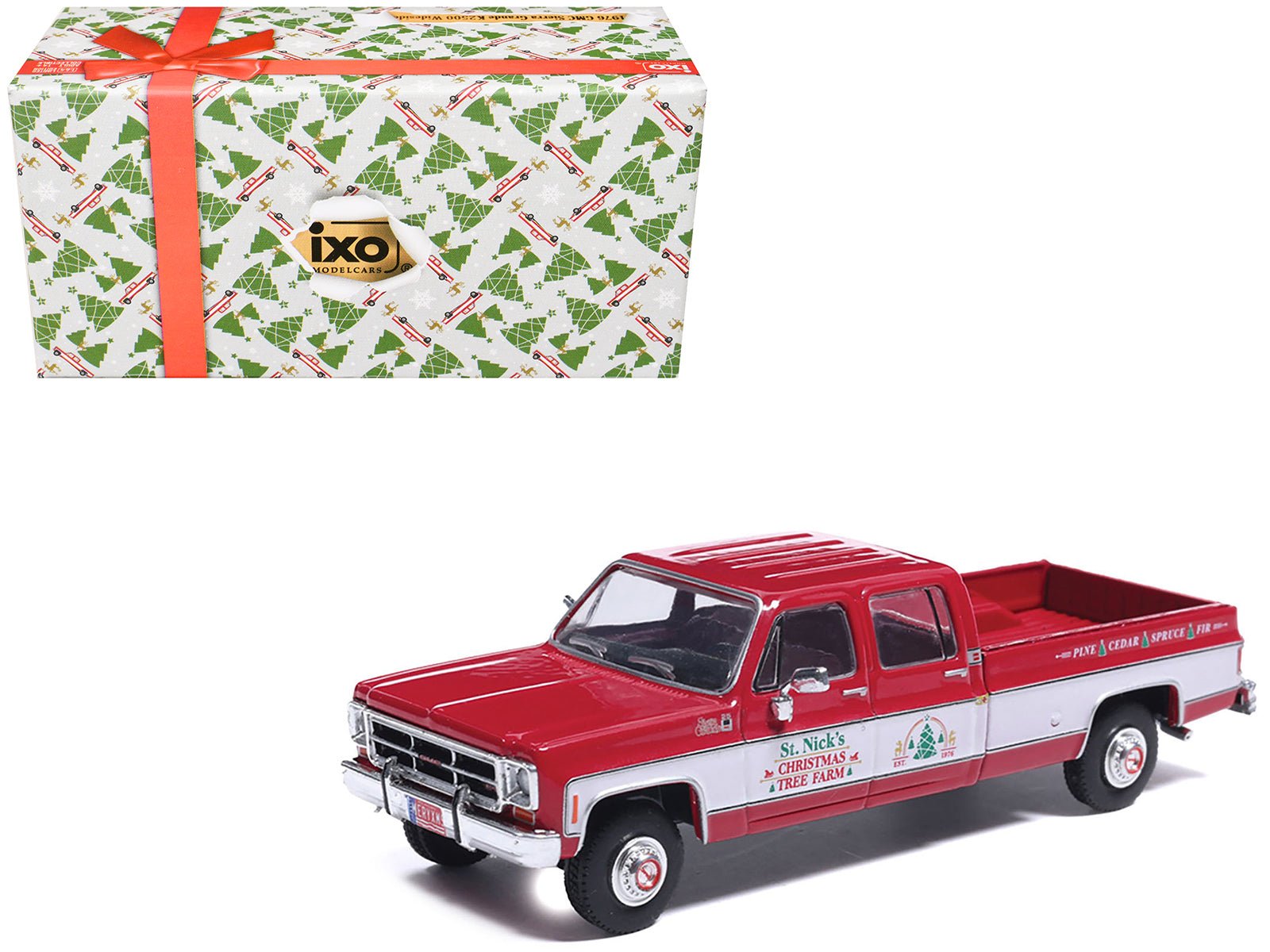 1976 GMC Sierra Grande K2500 Wideside Pickup Truck "St. Nick's Christmas Tree Farm" Red with White Sides "Christmas Limited Edition" 1/64 Diecast Model Car by IXO Models  free shipping USA
