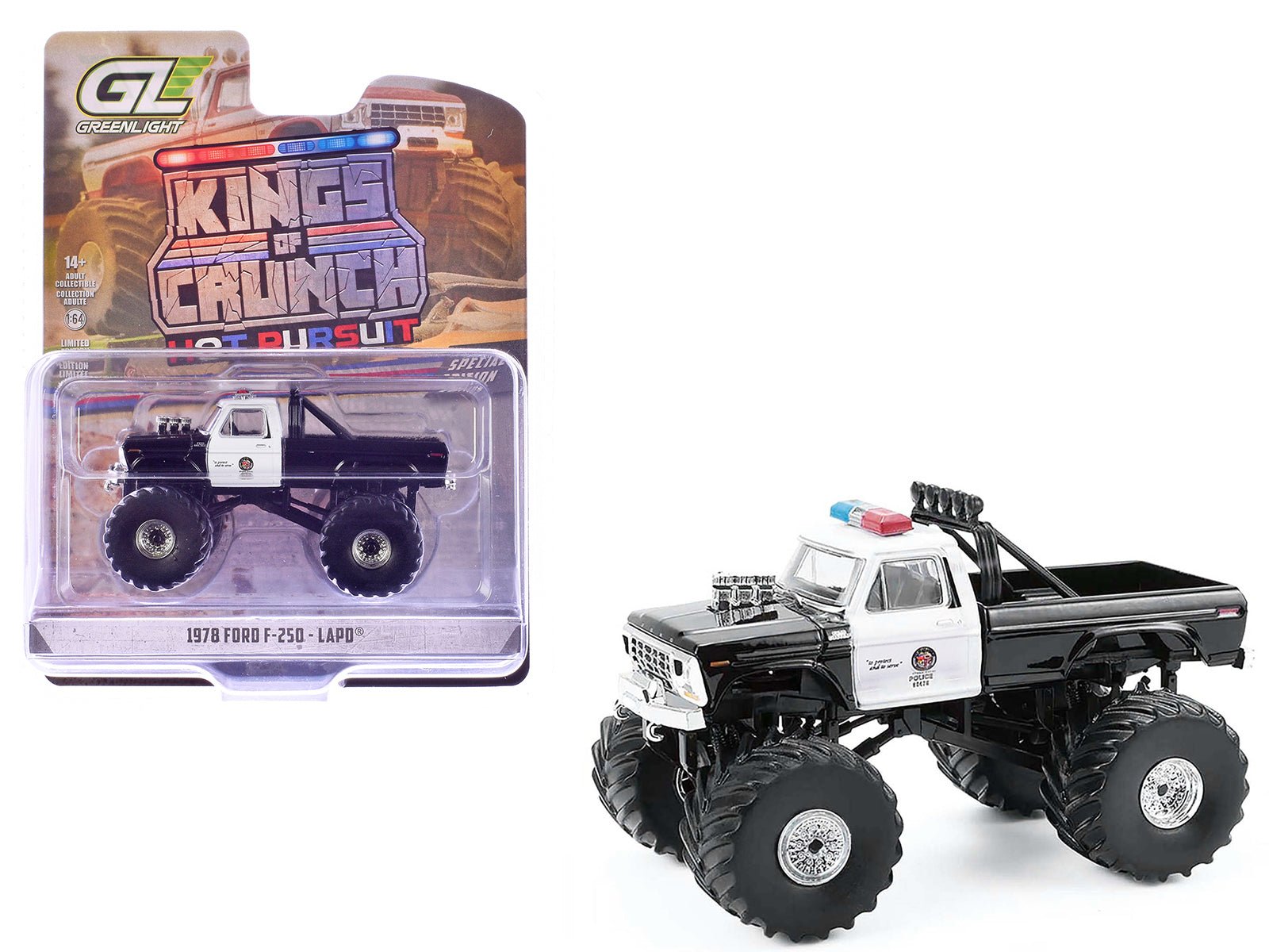 1978 Ford F-250 Monster Truck "LAPD (Los Angeles Police Department)" Black and White "Kings of Crunch - Hot Pursuit" Special Edition 1/64 Diecast Model Car by Greenlight  free shipping USA
