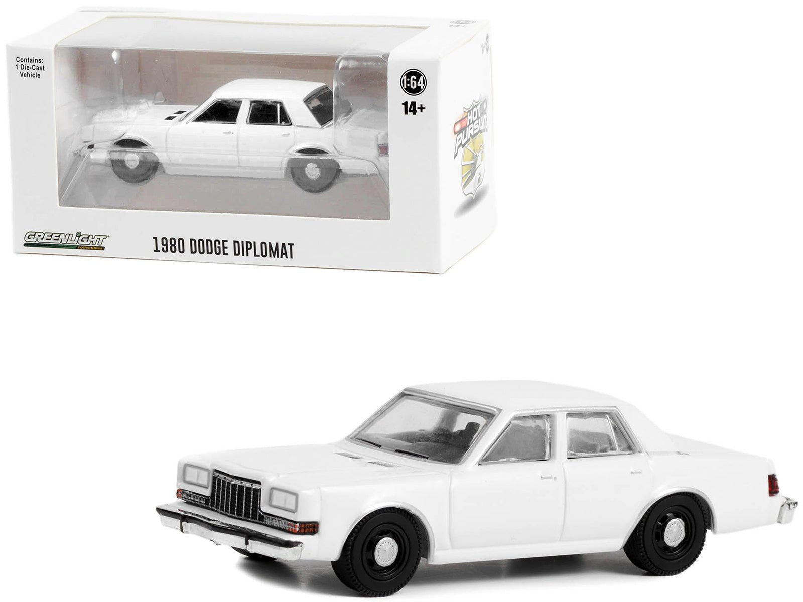 1980-1989 Dodge Diplomat Police Unmarked White "Hot Pursuit" "Hobby Exclusive" Series 1/64 Diecast Model Car by Greenlight  free shipping USA