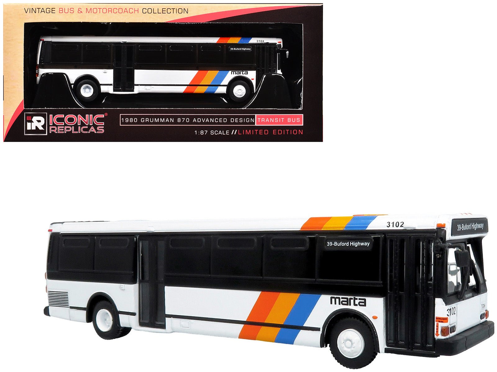 1980 Grumman 870 Advanced Design Transit Bus "MARTA Atlanta" White with Stripes "Vintage Bus & Motorcoach Collection" Limited Edition 1/87 (HO) Diecast Model by Iconic Replicas  free shipping USA