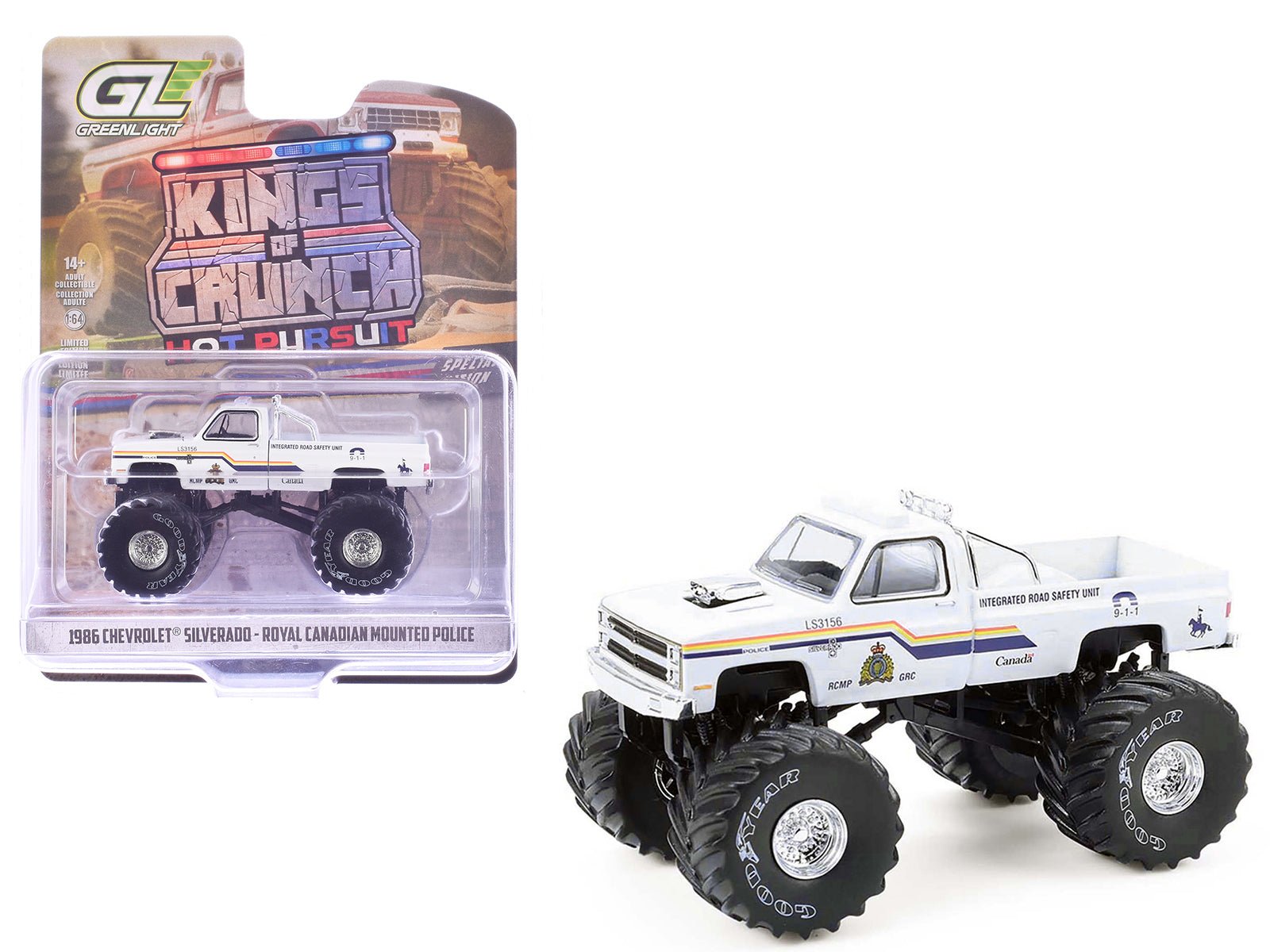 1986 Chevrolet Silverado Monster Truck "Royal Canadian Mounted Police" White with Stripes "Kings of Crunch - Hot Pursuit" Special Edition 1/64 Diecast Model Car by Greenlight  free shipping USA