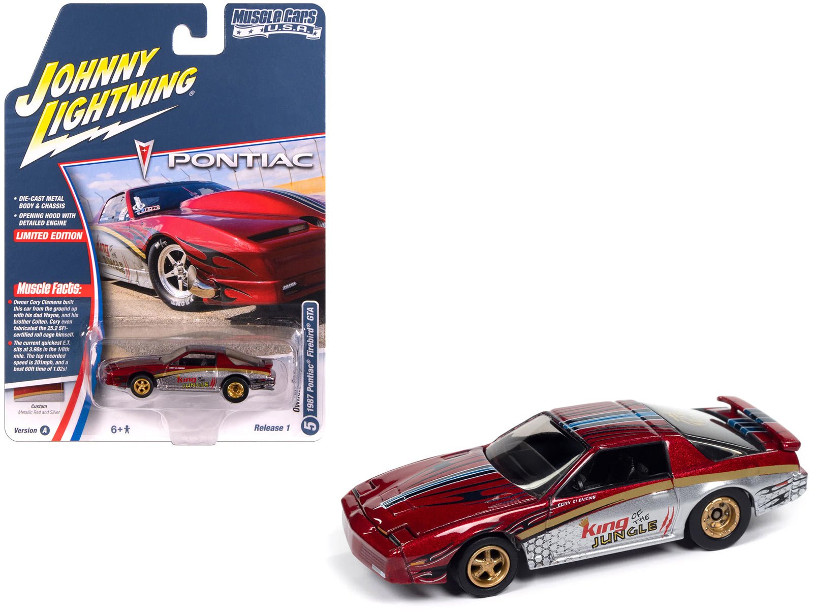 1987 Pontiac Firebird GTA "King of the Jungle" Red and Silver Metallic with Graphics "Muscle Cars USA" Series 1/64 Diecast Model Car by Johnny Lightning  free shipping USA