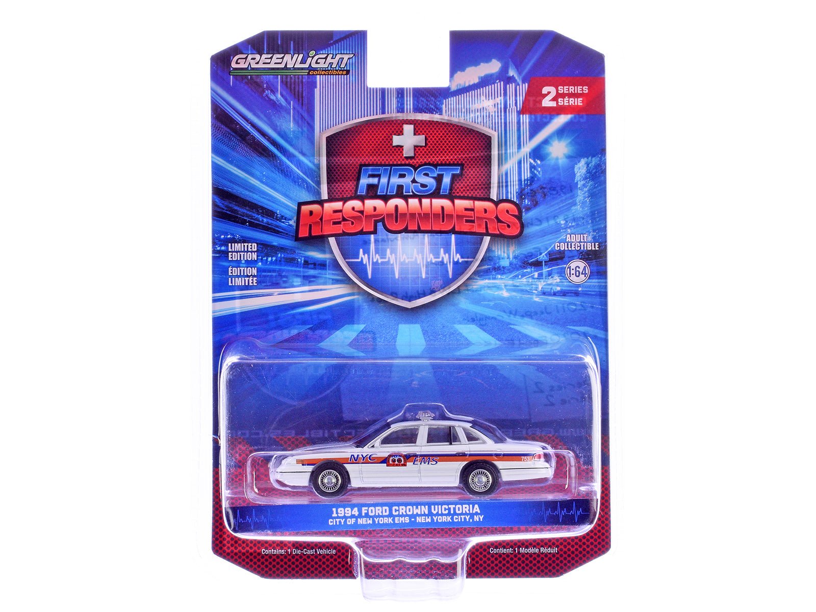 1994 Ford Crown Victoria "NYC EMS (City of New York Emergency Medical Service)" White with Blue and Red Stripes "First Responders" Series 2 1/64 Diecast Model Car by Greenlight  free shipping USA