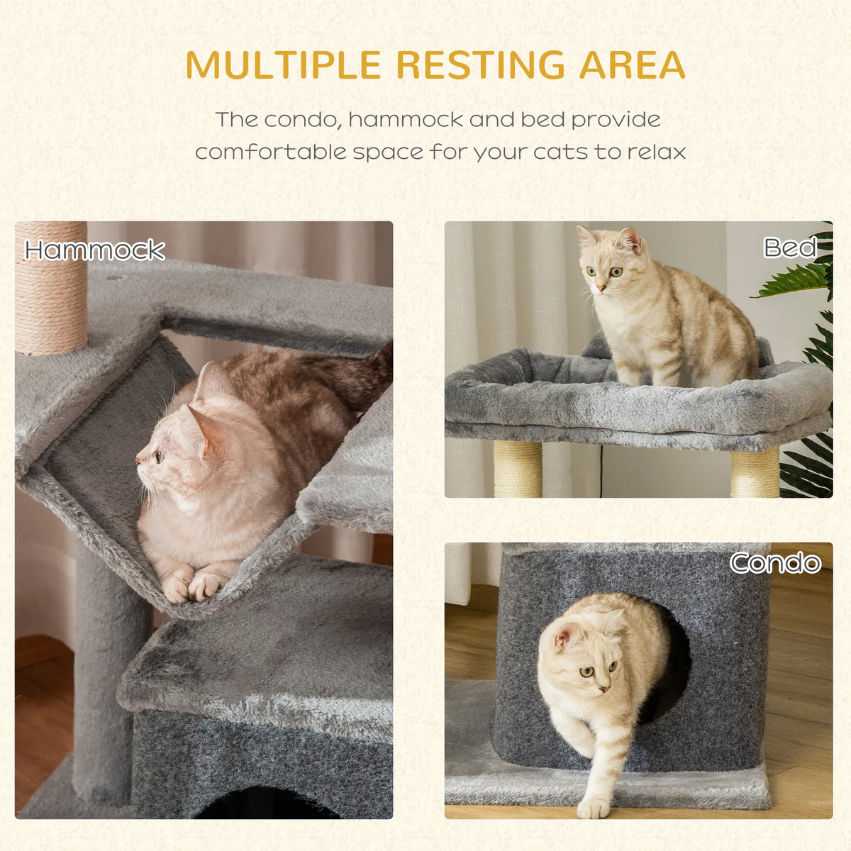 39.25'' Cat Tree Tower Multi-Level Kitten House with Scratching Post Condo Hammock Bed Ball Toy - Gray