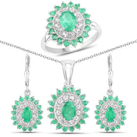 6.53 Carat Genuine Zambian Emerald and White Topaz .925 Sterling Silver 3 Piece Jewelry Set (Ring, Earrings, and Pendant w/ Chain)