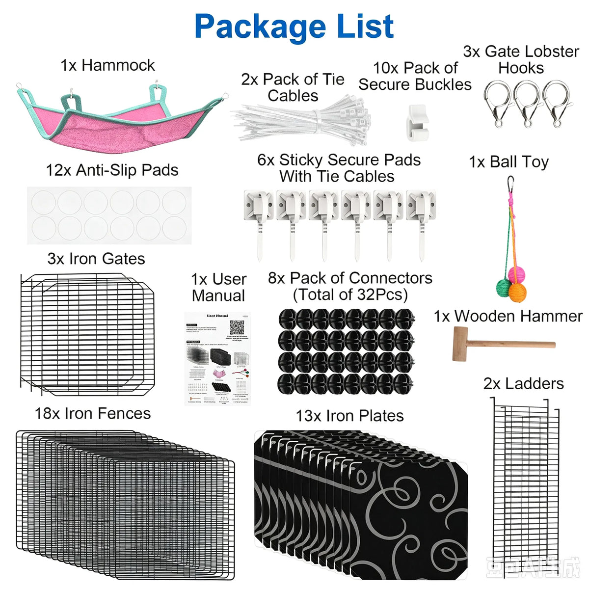 3-Level Metal Cat Cage Enclosure, Modular Pet Habitat with 3 Doors, 2 Ladders, Plush Hammock and Toy Ball for Small Indo