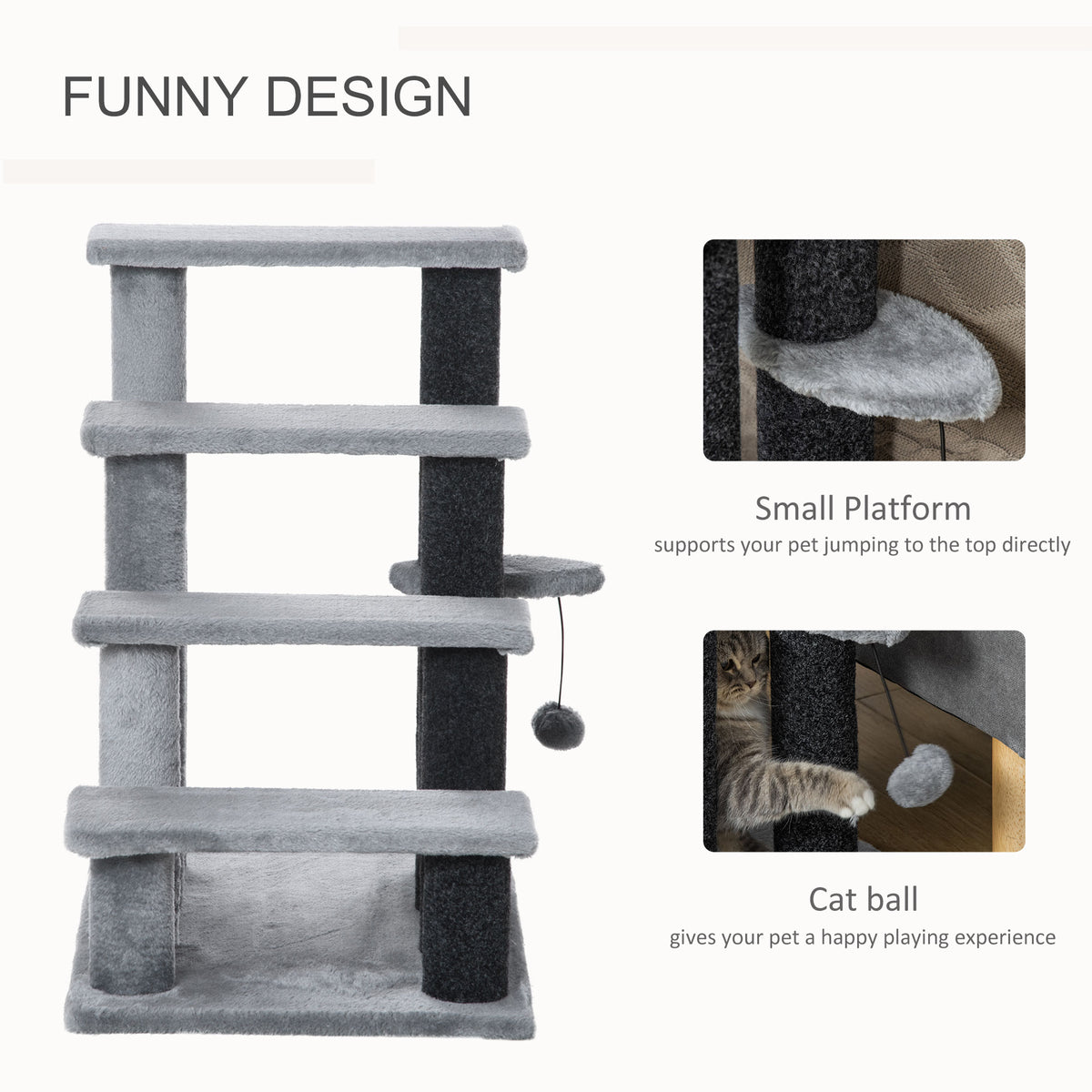 Cat Tree, Cat Tower Cat Stair Steps with Scratching Post, Hanging Play Ball for High Bed, Sofa, Indoor / Outdoor