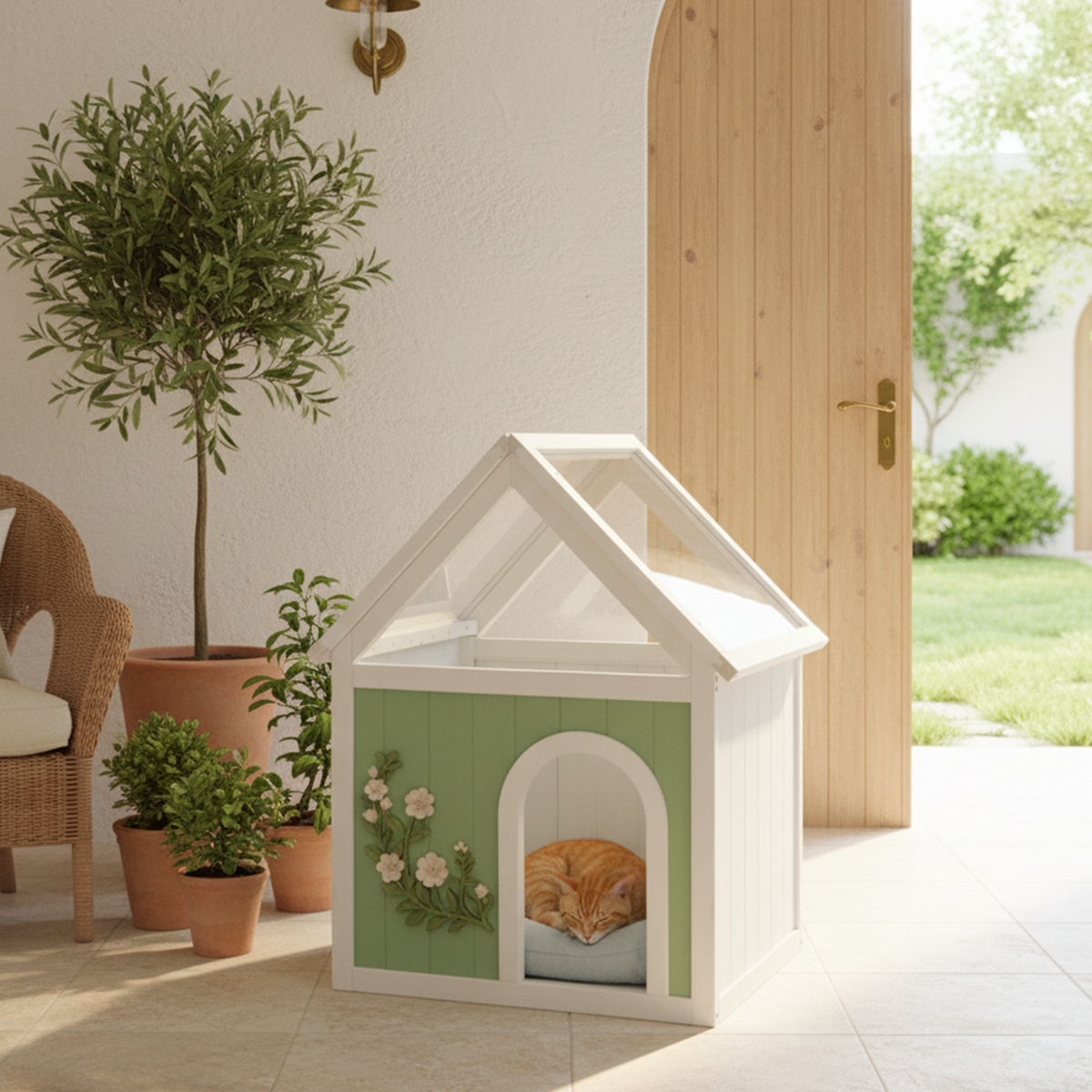 SAGE FSC-Certified Cedar Indoor Cat House with Clear Acrylic Roof – Wooden Pet House for Small Cats & Dogs