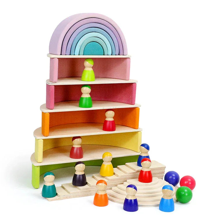 12-Piece Large Wooden Rainbow Stacking Blocks – Pastel / Macaron Colors - BIG FRENCHIES