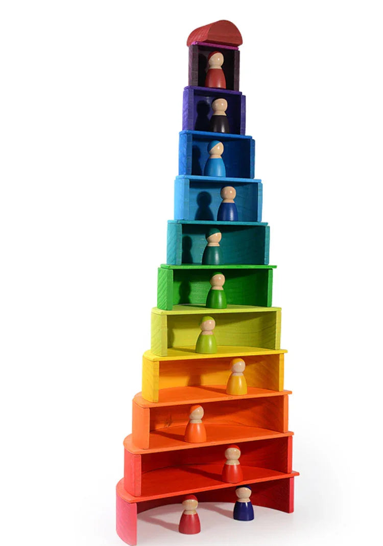 12-Piece Large Wooden Rainbow Stacking Blocks – Primary Colors | Pine or Linden Wood Options - BIG FRENCHIES