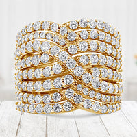 10K Yellow Gold 3.0 Cttw Diamond Eight-Row Bypass Crossover Statement Band Ring (H-I Color, I2-I3 Clarity) - Size 7