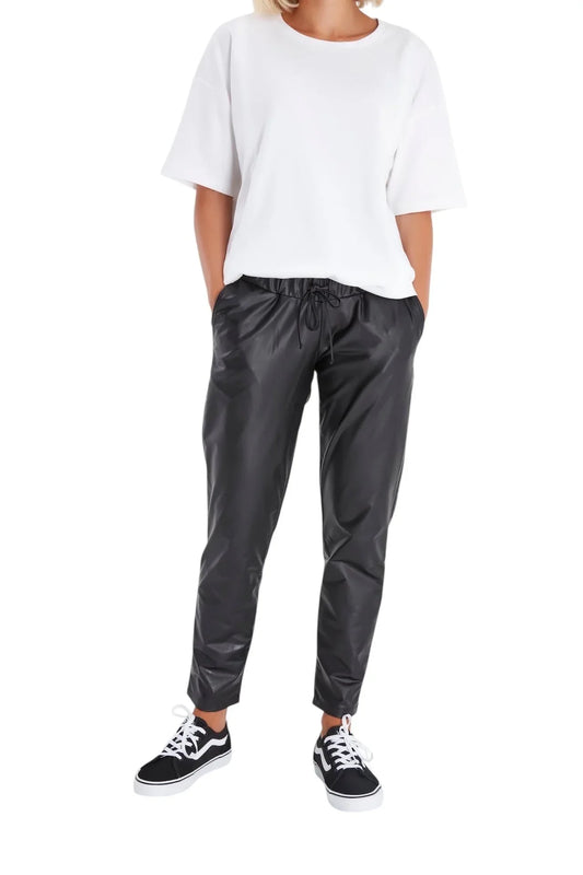Comfy Cool Foldover Waistband Faux Leather Maternity Jogger Pants - BIG FRENCHIES
