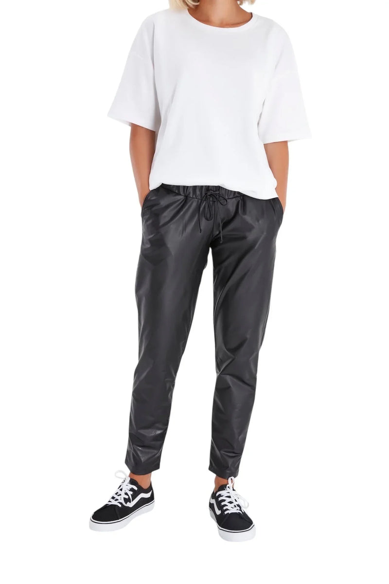 Comfy Cool Foldover Waistband Faux Leather Maternity Jogger Pants - BIG FRENCHIES