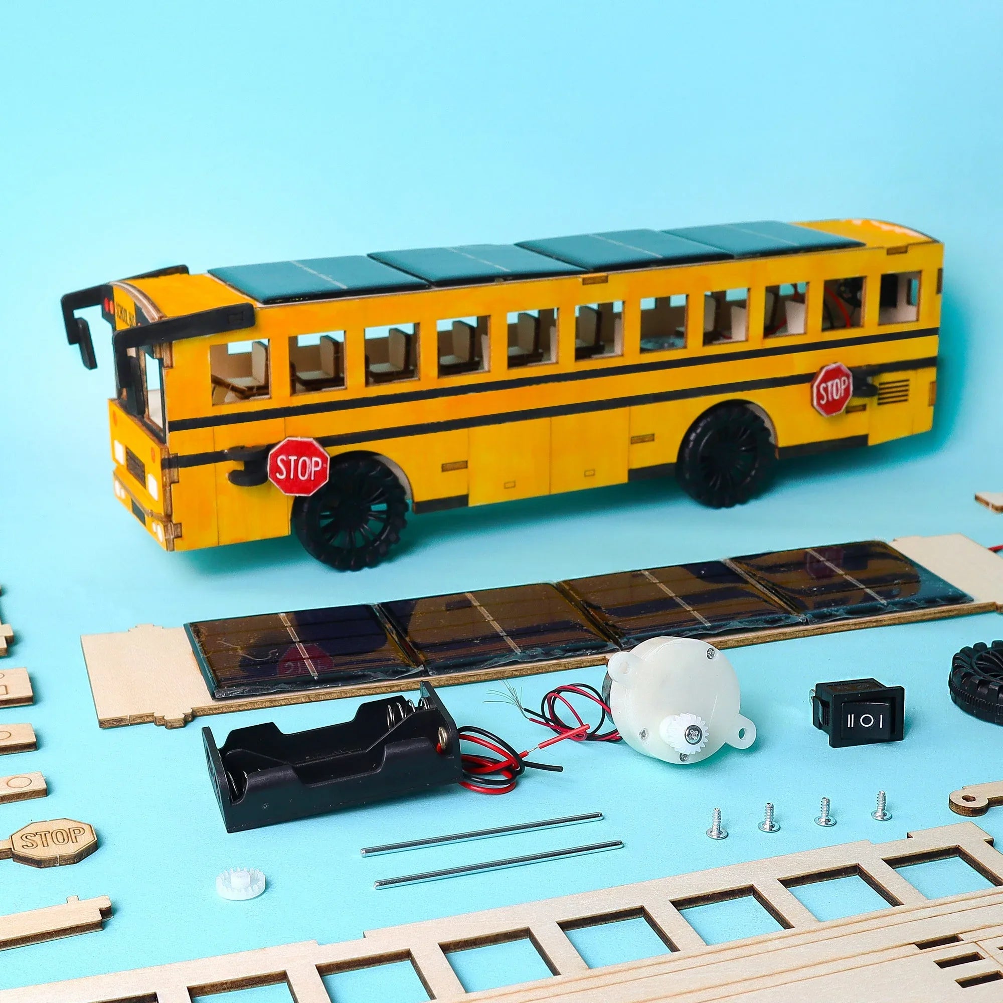 Dual Power School Bus STEM Kit – Build, Paint & Personalize | Battery + Solar Powered - BIG FRENCHIES