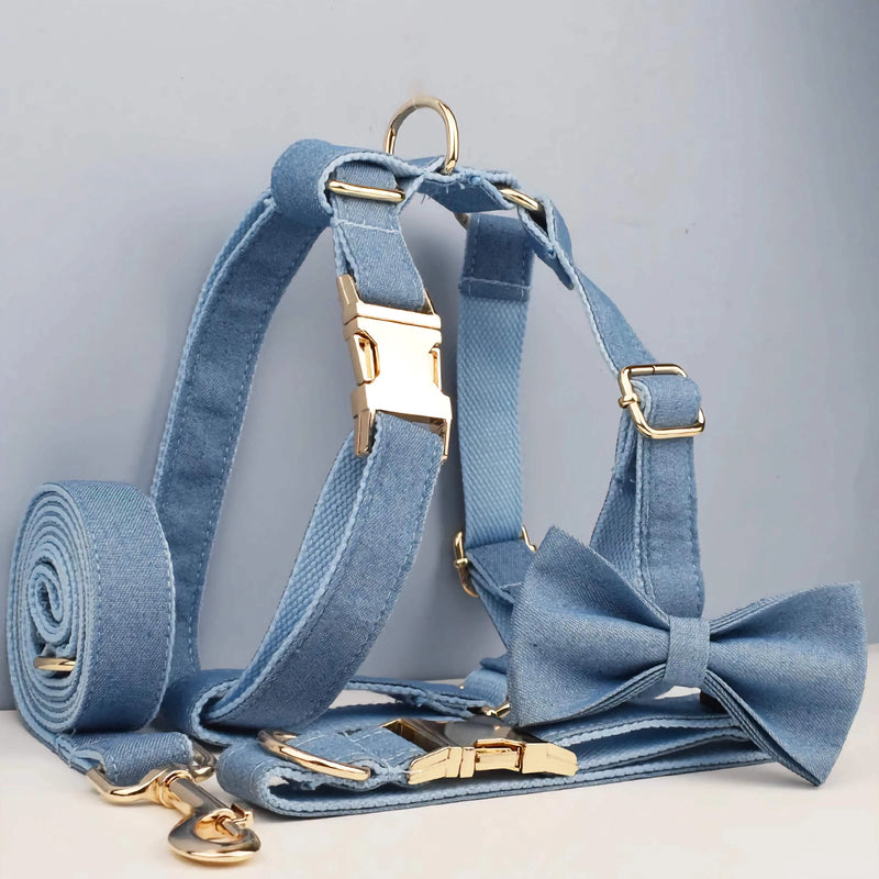 Personalized Blue Denim Classic Set-Pet Collars & Leashes-BIG FRENCHIES-DDPaws