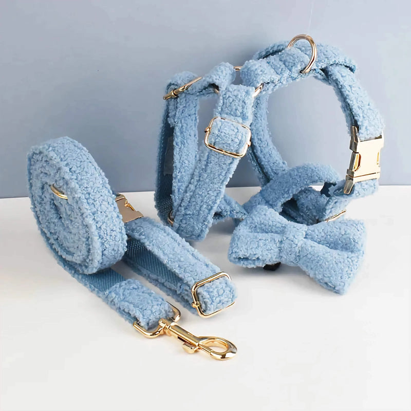 Personalized Blue Teddy Velvet Classic Set-Pet Collars & Leashes-BIG FRENCHIES-DDPaws