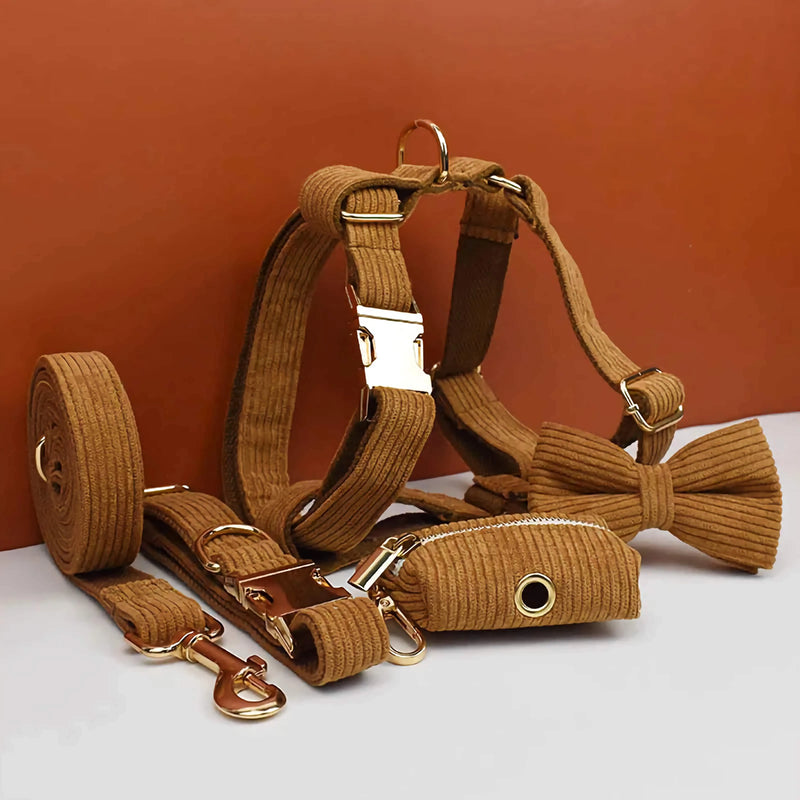 Personalized Caramel Corduroy Classic Set-Pet Collars & Leashes-BIG FRENCHIES-DDPaws