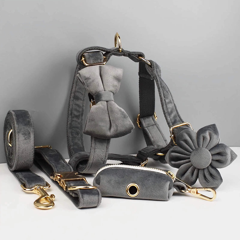 Personalized Dark Grey Velvet Classic Set-Pet Collars & Leashes-BIG FRENCHIES-DDPaws