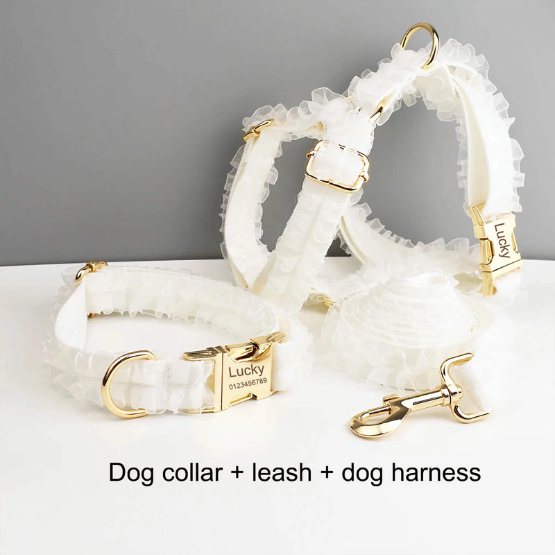 Personalized Wedding White Lace Classic Set-Pet Collars & Leashes-BIG FRENCHIES-DDPaws
