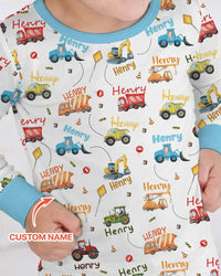 Construction Vehicles Custom Name Bamboo Two Piece Long Sleeve Pajama Set