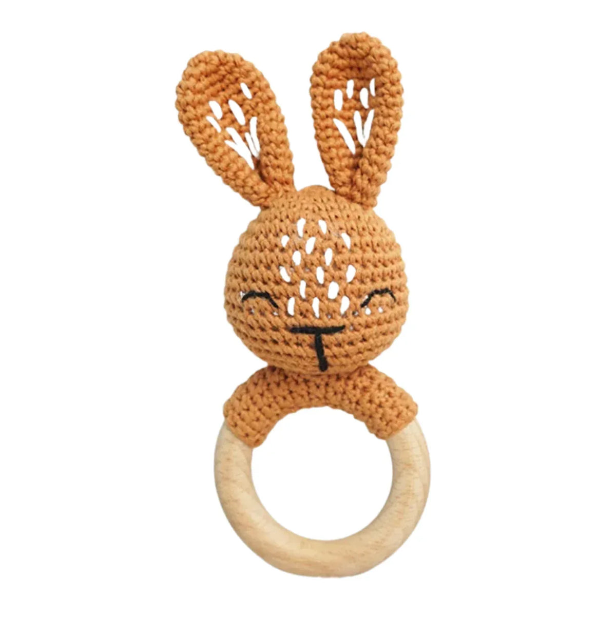 Handmade Organic Cotton Rattle Ring Teether · Bunny Design · Brown/Rust Body Color - BIG FRENCHIES