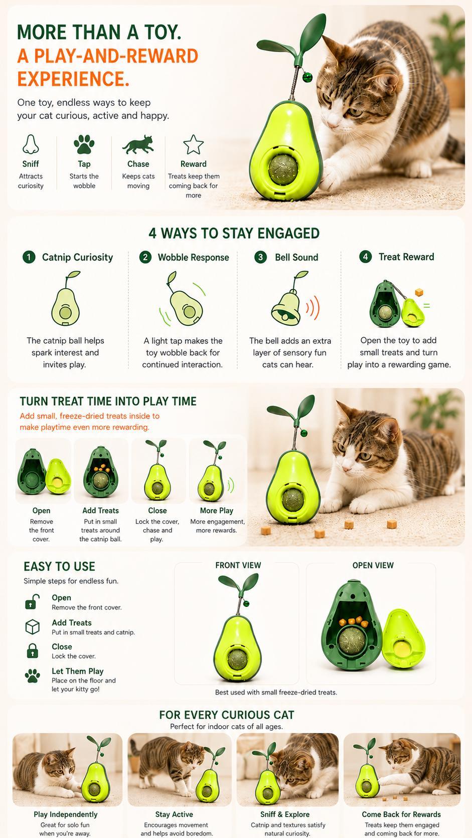 Avocado-Shaped Cat Tumbler Toy Interactive Wobble Toy That Self-Rights Includes Replaceable Feather & Catnip Ball Indoor
