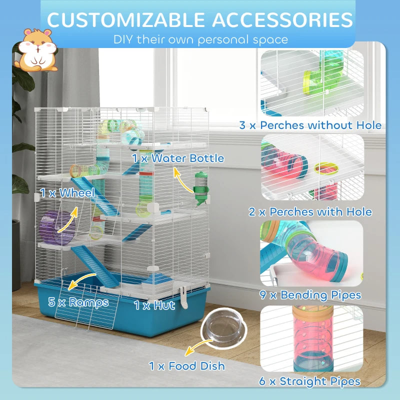 PawHut 6 Tier Hamster Cage With Tubes And Tunnels, Hut, Wheel, Food Dish, Water Bottle, Ramps, For Dwarf & Gerbil, Light