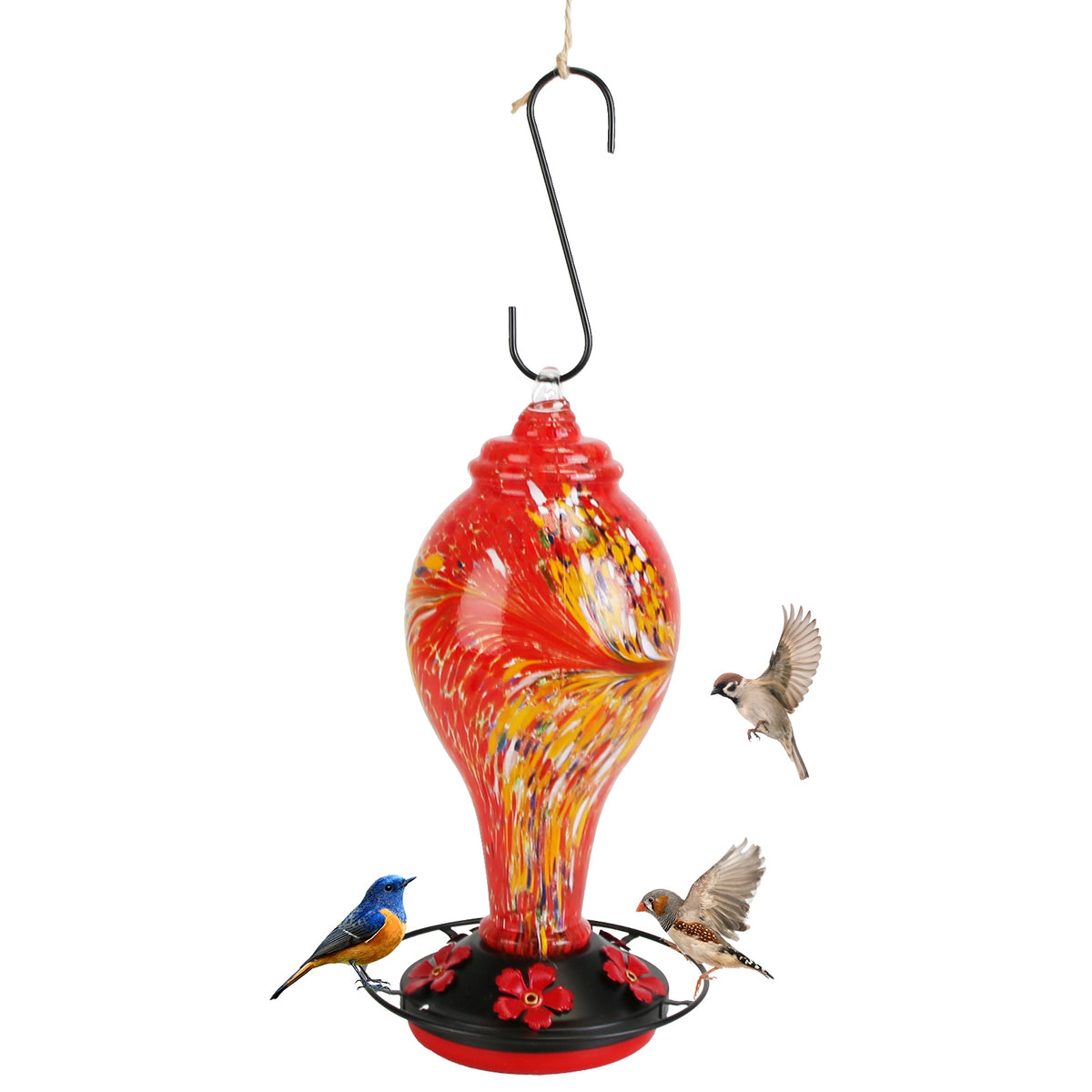 1Pc Glass Hummingbird Feeder 33OZ Hand Blown Hummingbird Feeder With 5 Flower Feeding Port Perch Ant Moat Hanging Hook S