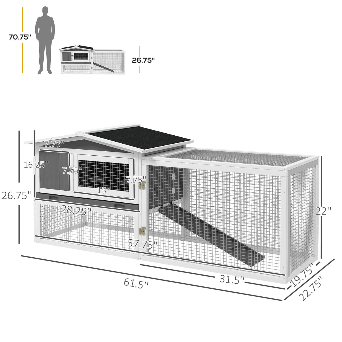 Rabbit Hutch 2-Story Bunny Cage, Guinea Pig Cage Indoor Outdoor, Small Animal House with Slide Out Tray, for Rabbits, Ch